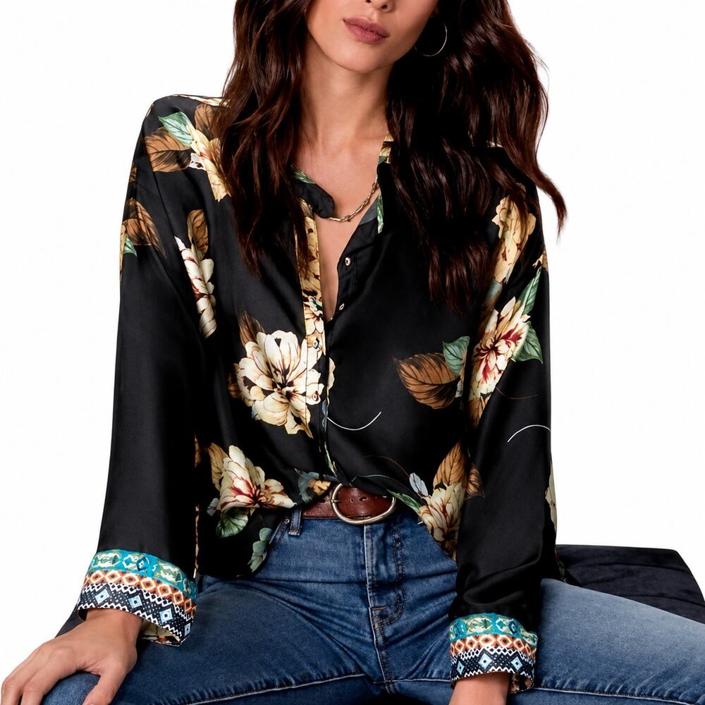 Johnny Was Corey Boxy Top 100% Silk Black Floral size XS